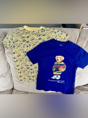 Polo Ralph Lauren Boys Sz 8 Polo Bear T Shirt Lot Blue Graphic + Allover Print